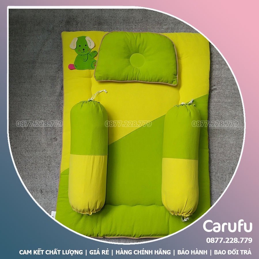 Bộ Nệm Gối cho bé sơ sinh CARUFU | Nệm + Gối Lõm + 2 Gối Ôm | Cotton Thắng Lợi và CARA siêu êm mát và giặt máy thoải mái