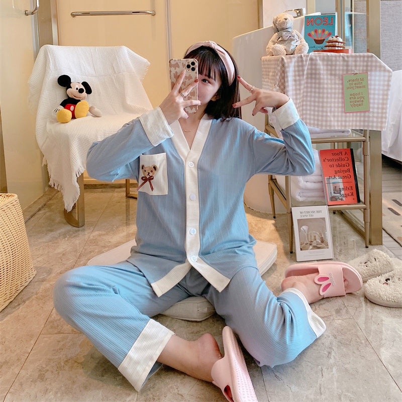 Bộ đồ ngủ tay dài phong cách Hàn Quốc thời trang xuân thu mới cho nữ