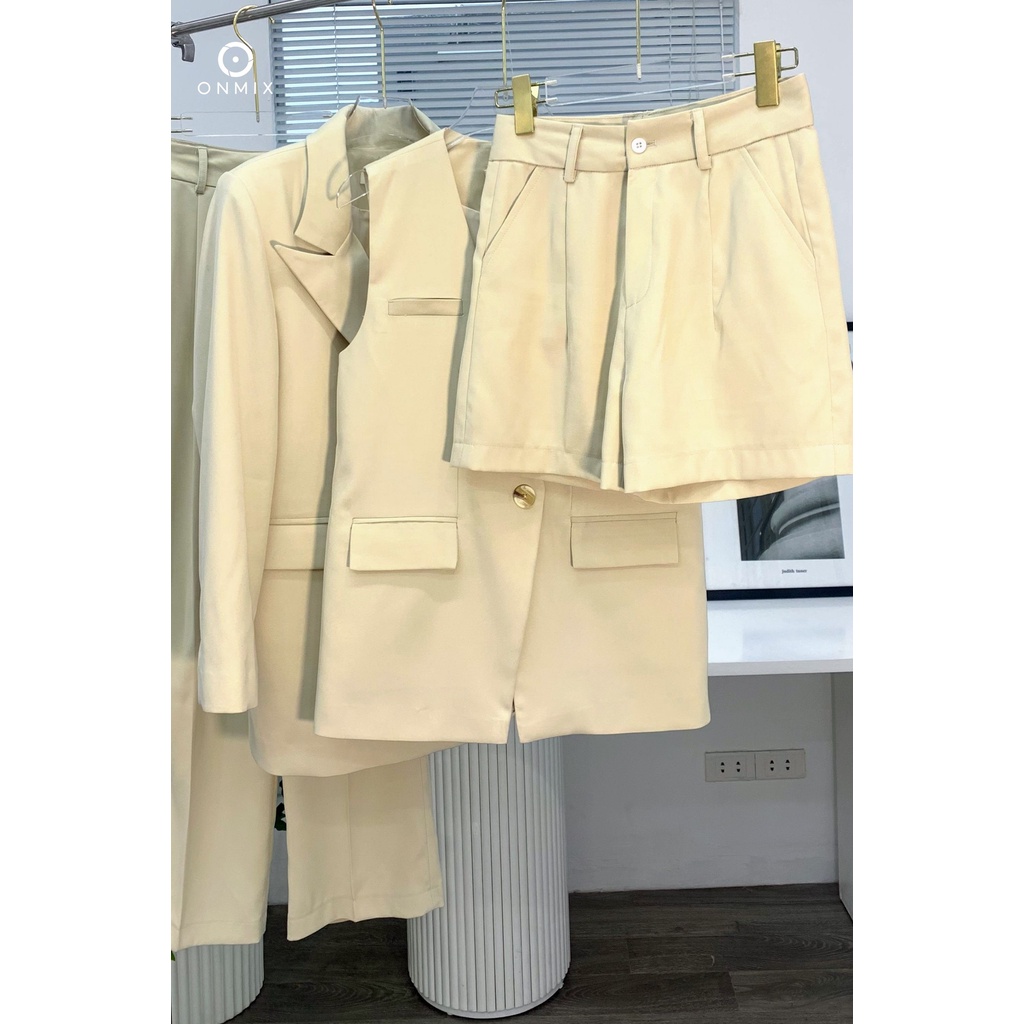set Suit: áo Blazer tay dài + Gile basic + Quần tây ống suông nữ ONMIX, màu Beige, vải Tuytsi Hàn cao cấp