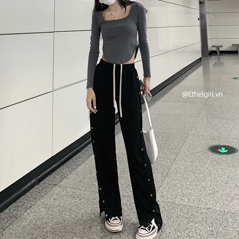 Quần Thể Thao Ống Rộng Lưng Cao Xẻ Tà Phối Nút Phong Cách Hàn Quốc Thời Trang Cho Nữ 2 Màu Lựa Chọn
