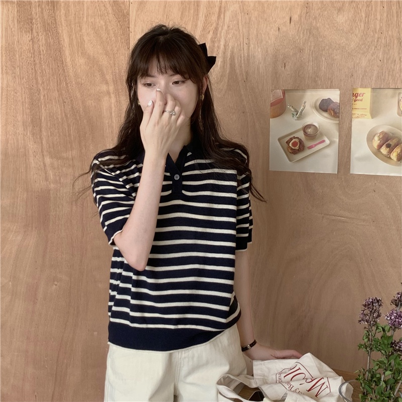 51704 Áo Sơ Mi POLO Dệt Kim Sọc Dễ Phối Đồ