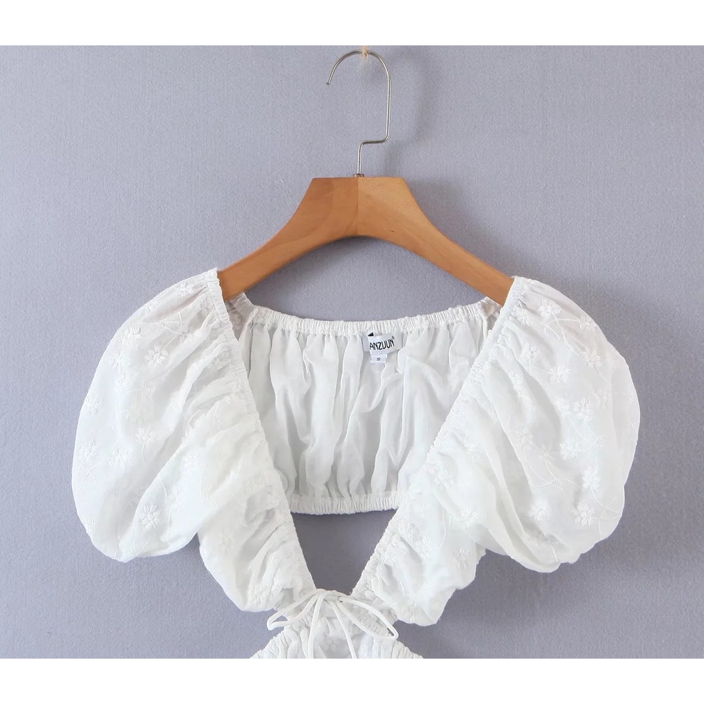 DUNEA Đầm tay phồng thêu họa tiết hoa dễ thương thời trang quyến rũ dành cho nữ