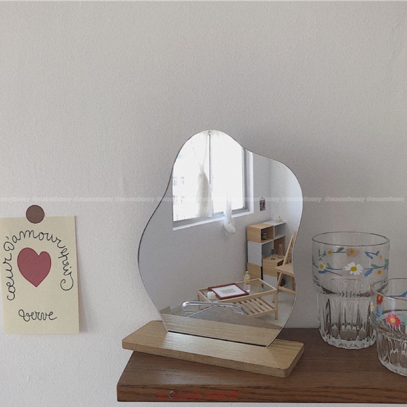 Gương acrylic / gương trang điểm để bàn thiết kế theo phong cách Hàn Quốc + đế gỗ.