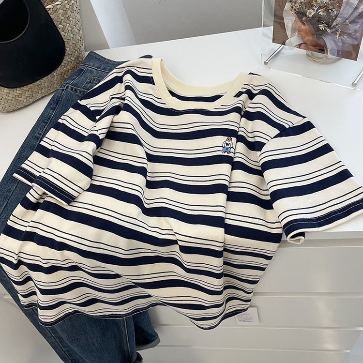 Áo Thun Tay Ngắn Dáng Rộng Thêu Họa Tiết Kẻ Sọc Đơn Giản Thời Trang Mùa Hè Phong Cách Hàn Quốc Mới Cho Nữ