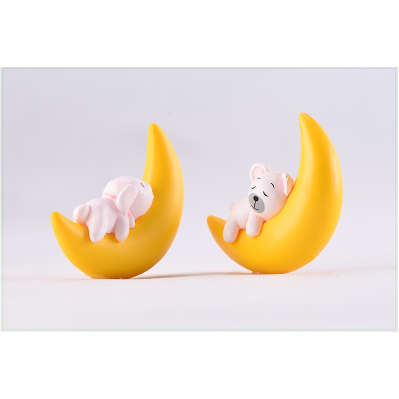 Mô hình thú ngủ mặt trăng (mèo, gấu, thỏ, chó trắng) làm móc khóa, trang trí Jibbitz, tiểu cảnh, terrarium, DIY