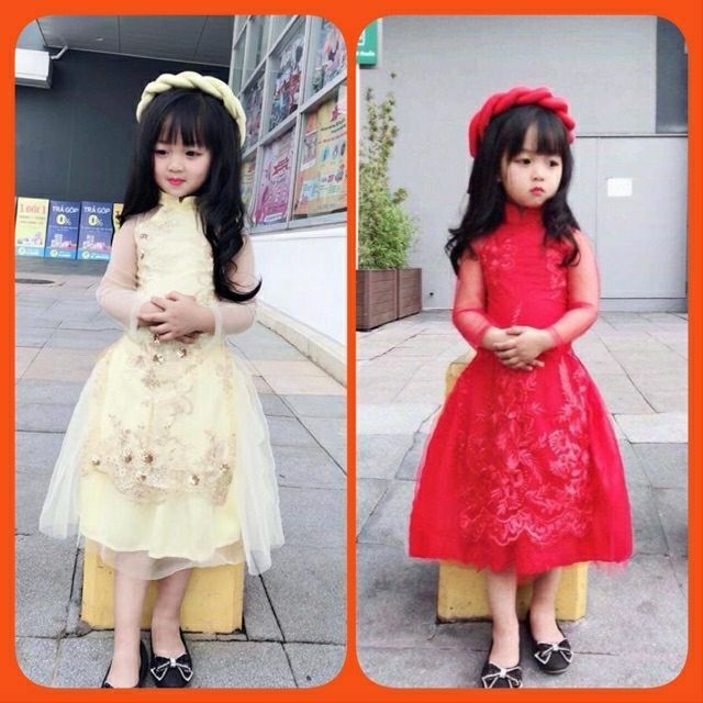 ÁO DÀI CÁCH TÂN REN KÈM MẤN CHO BÉ GÁI
