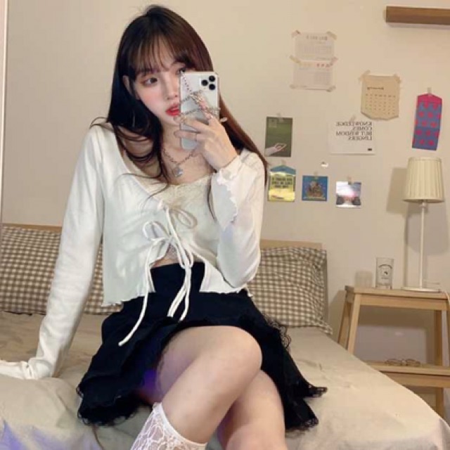 Áo bralette ren phối cardigan thắt nơ + chân váy tầng viền ren