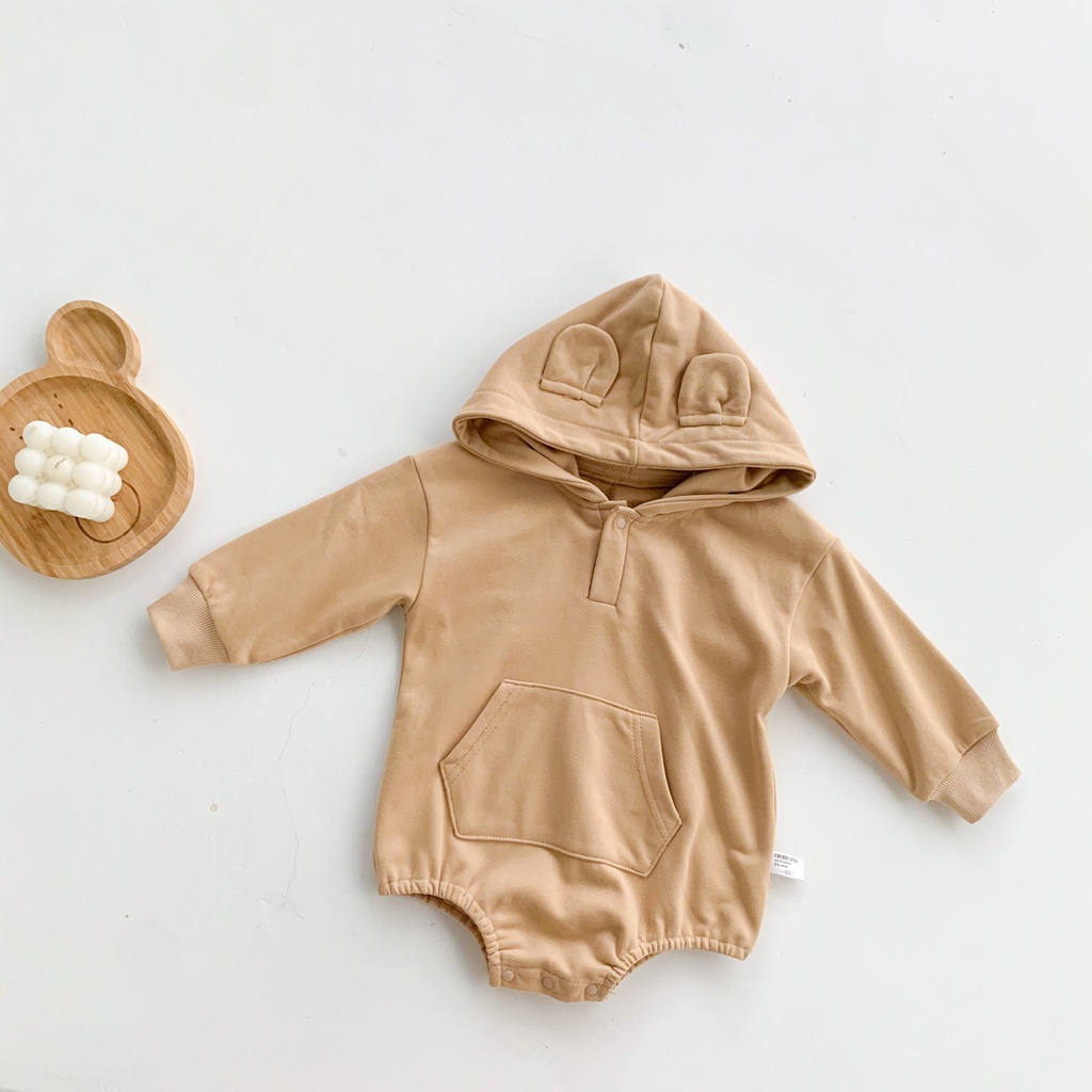 Áo liền quần tay dài thiết kế mũ trùm đầu kiểu tai gấu đáng yêu dành cho bé sơ sinh