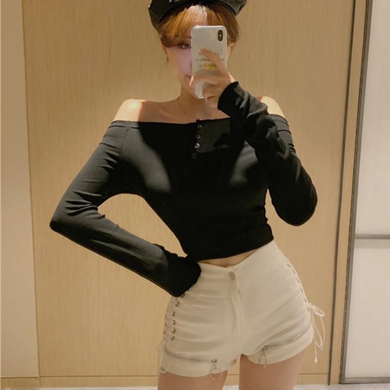 Women T-shirts Autumn Winter T-shirt Slim Slash Neck Long-sleeved Slim Off-shoulder One Neck T-shirts | BigBuy360 - bigbuy360.vn