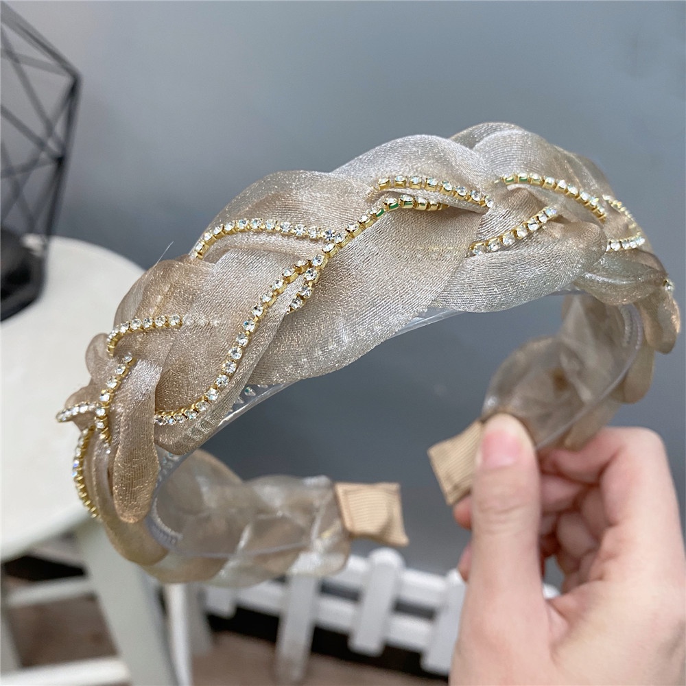 Băng Đô Vải Organza Đính Đá Phối Dây Xích Ba Chiều Thời Trang