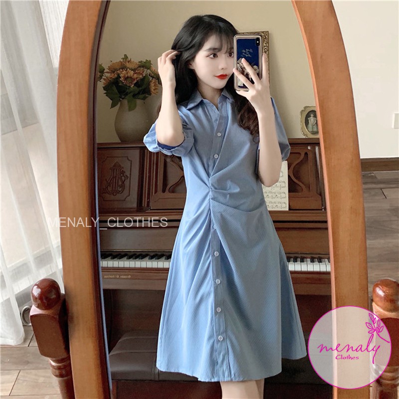 Váy sơ mi thắt eo tay bồng VH056, mẫu váy nhún eo sơ mi dáng ngắn ôm dáng thanh lịch nhẹ nhàng, 3 màu | BigBuy360 - bigbuy360.vn