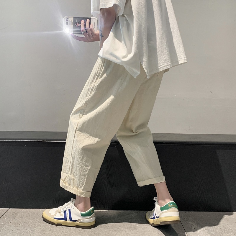 ✦ AFFLIGA ✦Quần dài ống rộng dáng thẳng vải cotton và lanh mỏng màu kaki thời trang mùa thu Nhật Bản cho nam size M-2XL