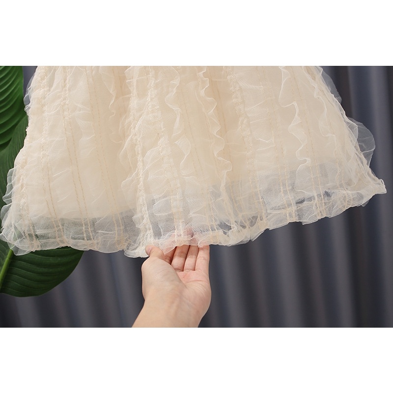 Đầm Chữ a Tay Ngắn Phối Lưới Đính Ngọc Trai Giả Thời Trang Mùa Hè Dành Cho Bé Gái E21258