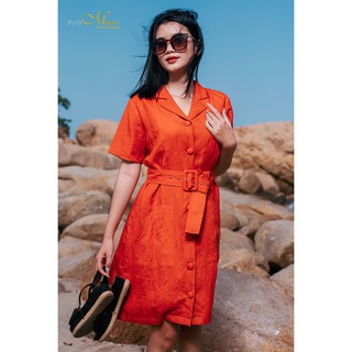 MaxMessi - Đầm sơ mi nữ Linen Tưng Premium CINDY dáng suông cổ chữ V phối nút bọc kèm đai thắt eo