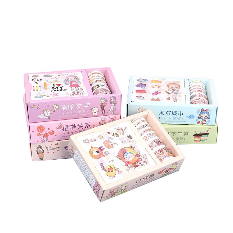 Set Combo Hộp Washi tape và giấy dán Sticker cao cấp họa tiết hoạt hình dễ thương