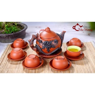 Bộ ấm chén Bát Tràng_Bộ bình trà gốm hoa văn đắp nổi đất đỏ
