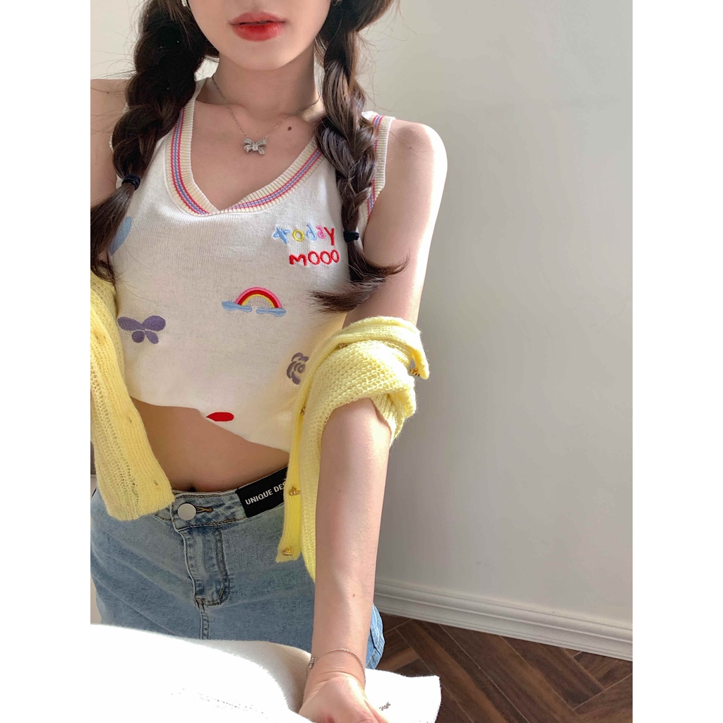 Áo croptop dệt kim không tay thêu họa tiết thời trang năng động cho nữ