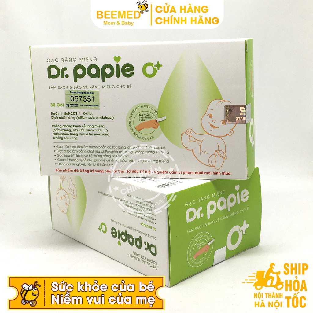 Dr Papie - Gạc rơ lưỡi cho bé Dr Papie - Gạc lau răng, rơ miệng cho bé - Hộp 30 gói