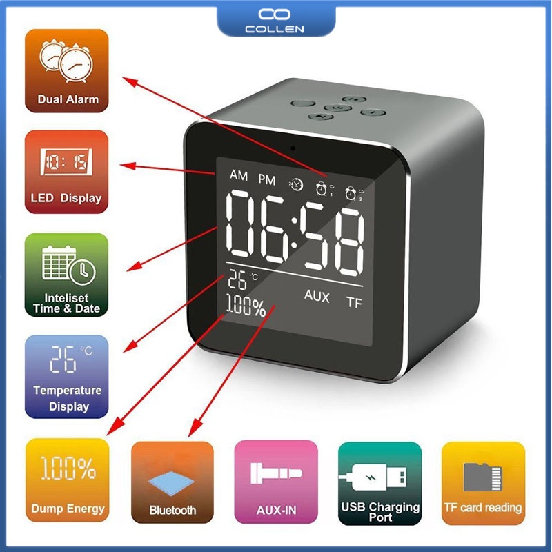 Loa Bluetooth Không Dây Tích Hợp Đồng Hồ Báo Thức Có Đèn LED