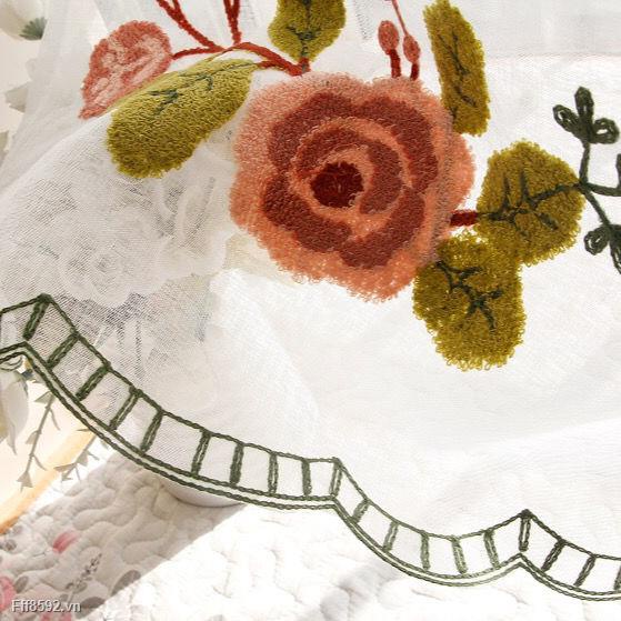 Rèm ngắn vải cotton pha thêu họa tiết trang trí nhà bếp quán cà phê