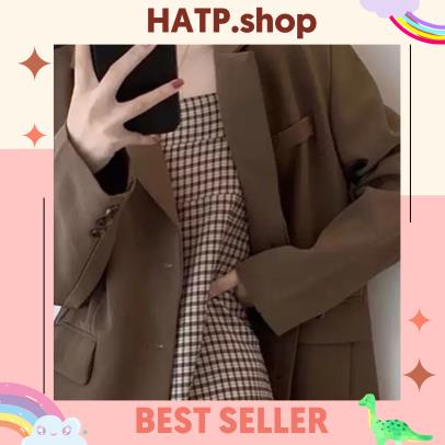 (HATP.SHOP) Set áo blazer + váy hai dây kẻ suông phong cách Hàn Quốc