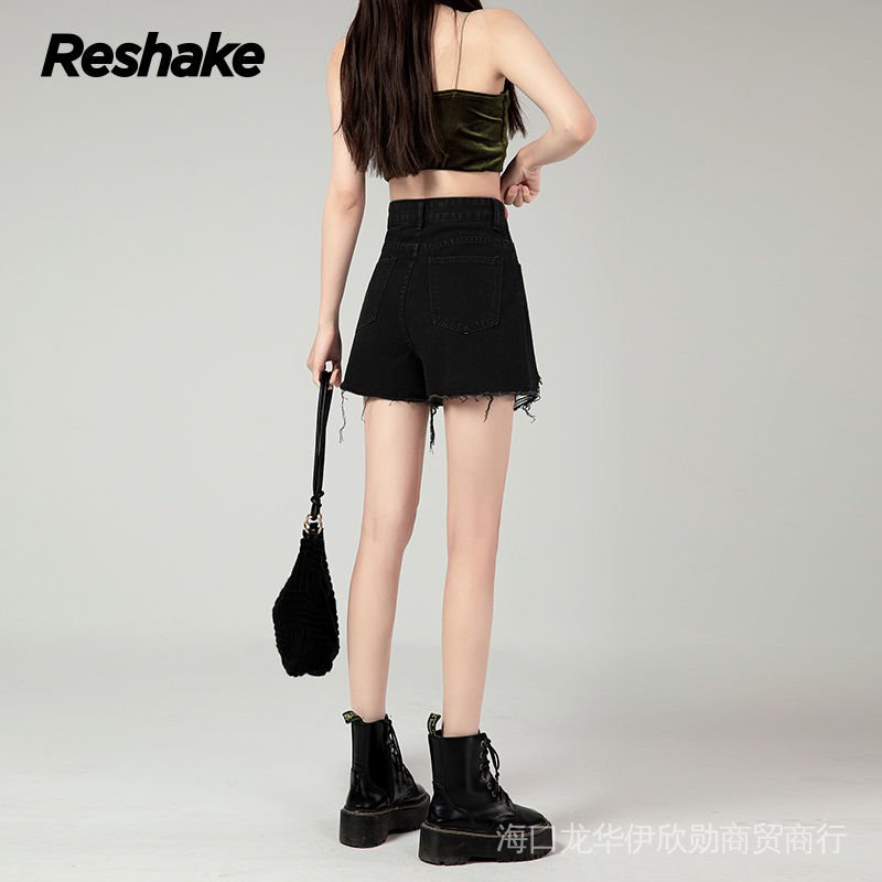 Quần Short Denim Lưng Thun Cao Phối Dây Rút Màu Đen Phong Cách Hàn Quốc Thời Trang Mùa Hè Cho Nam Và Nữ 2022 Quần Đùi Lưng Cao Thời Trang Cho Nữ