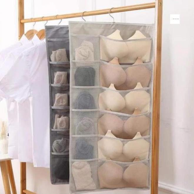 Túi đựng đồ lót, tất nhiều ngăn có móc treo 2 mặt cao cấp màu da xám lịch sự hiện đại