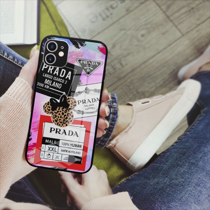 Ốp kính cường lực hình logo Prada chống trơn riêng mình Iphone OK-JC20210076