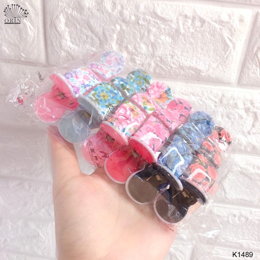 Kẹp càng cua, kẹp tóc 3 răng họa tiết hoa vintage thời trang Orin K1489