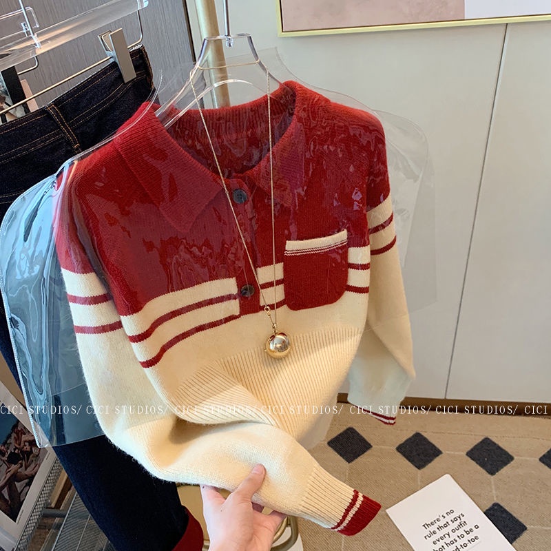 Áo Sweater Cổ polo Tay Dài Dáng Ôm Màu Sắc Tương Phản Thời Trang Mùa Thu Dễ Phối Đồ Cho Nữ