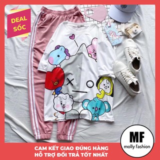 Đồ bộ hoạt hình quần Jogger trơn 2 sọc BTS Freesize dành cho nam nữ Molly Fashion