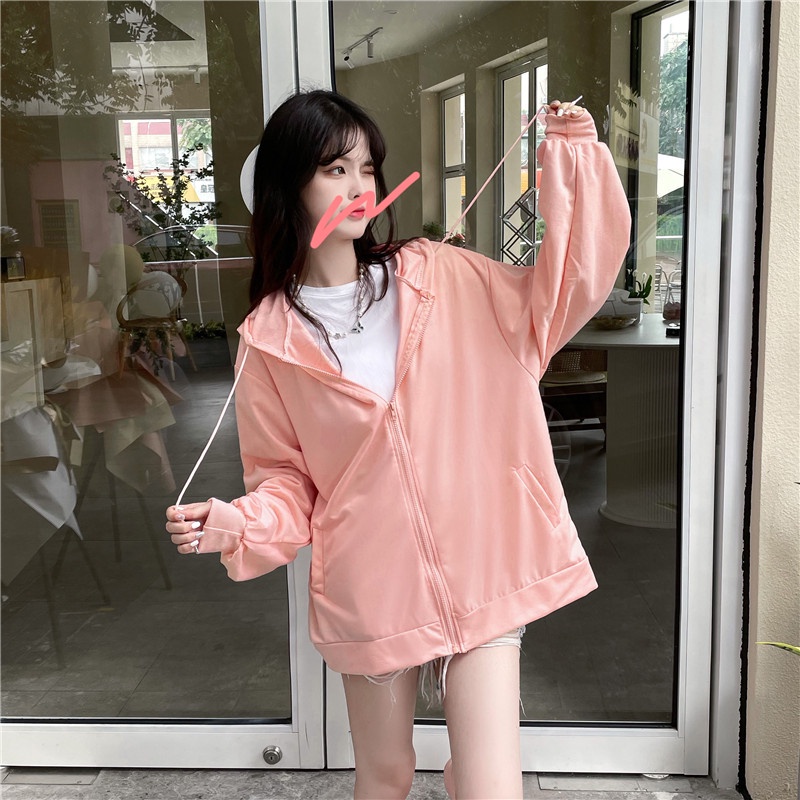 SUXI (MỚI) Áo hoodie nữ dáng rộng màu trơn có khoá kéo
