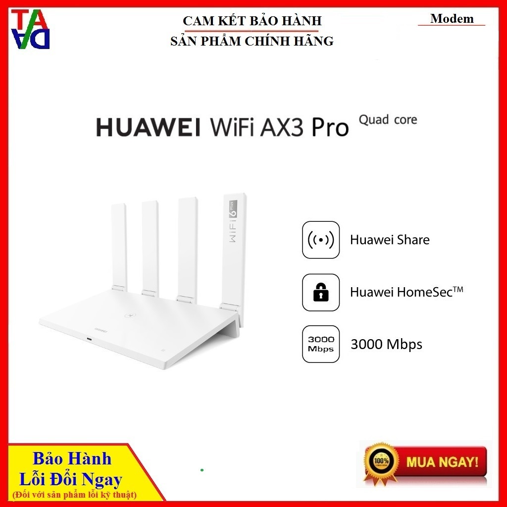 Router Wifi 6 Huawei AX3 Pro băng tần kép 3000Mbps CPU 4 nhân - Hàng chính hãng - Bảo hành 12 tháng