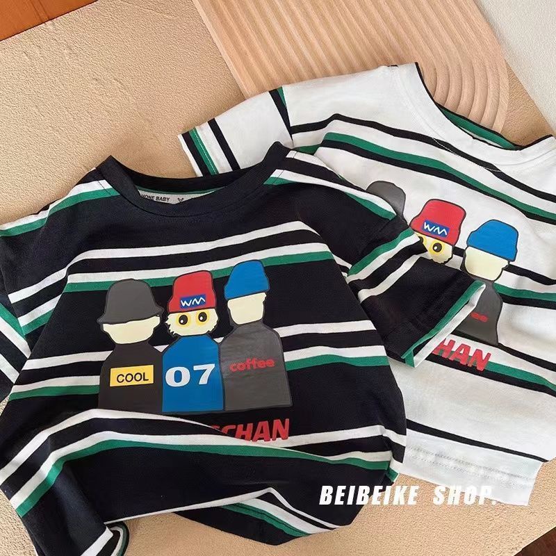 [Hàng Sẵn Sàng!!]Áo Thun Cotton Ngắn Tay Họa Tiết Hoạt Hình Kẻ Sọc Nhiều Màu Thời Trang Mùa Hè Cho Bé Trai