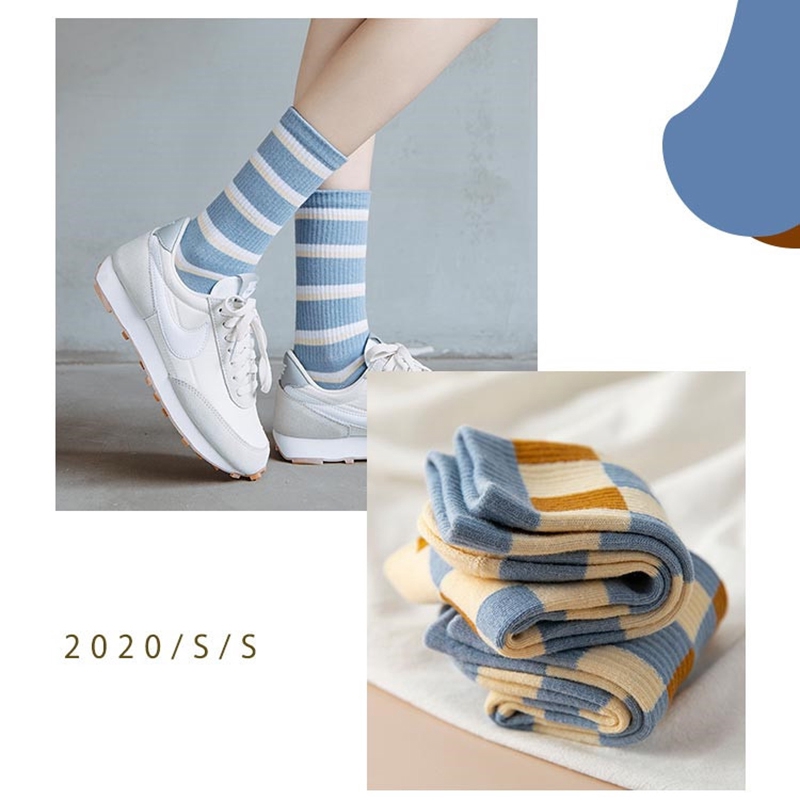 Vớ dài cotton co giãn kẻ sọc màu xanh dương phong cách Harajuku dành cho nữ