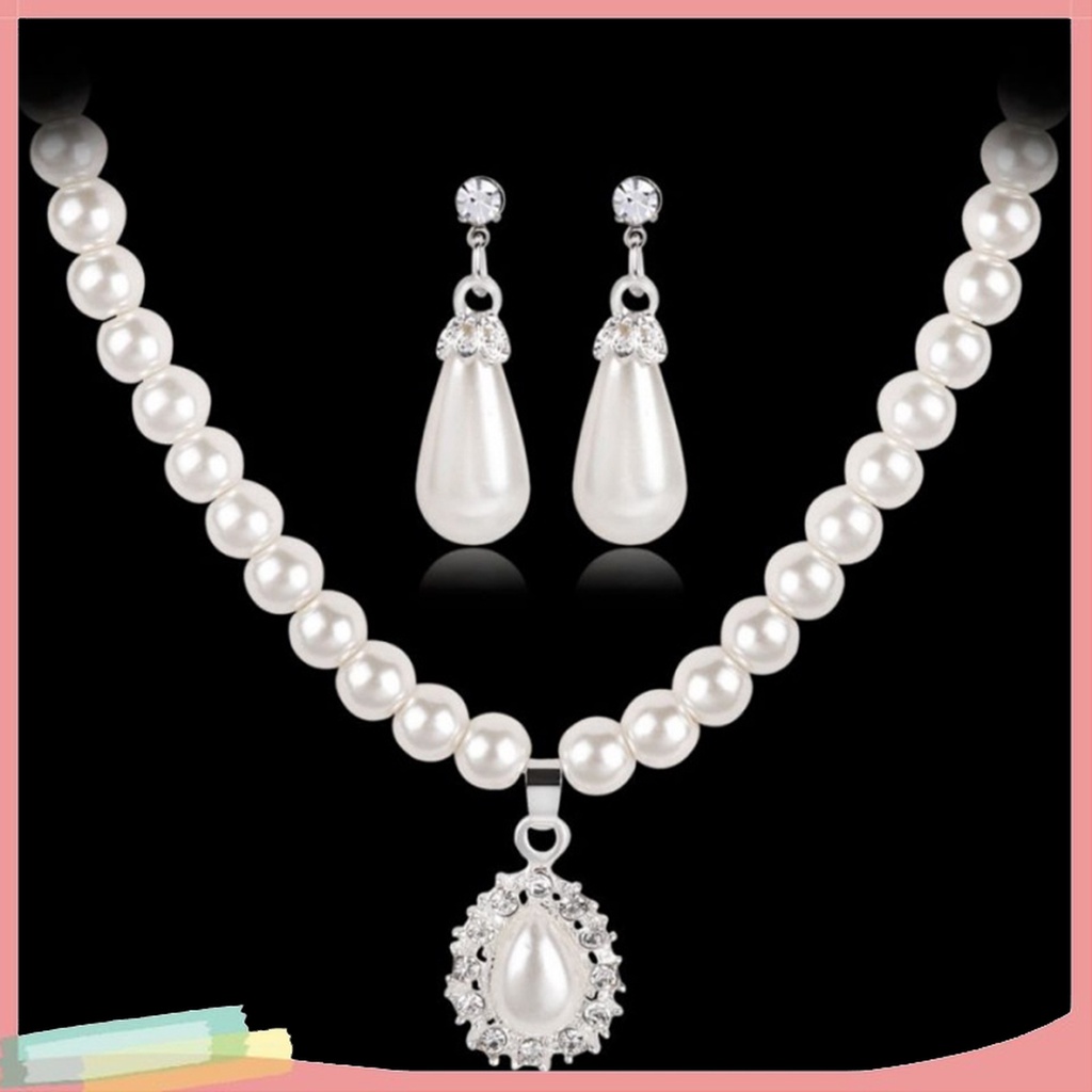Bộ Vòng cổ + Đôi Khuyên Tai Đính Ngọc Trai Giả Thiết Kế Hình Giọt Nước Độc Đáo Cho Nữ
