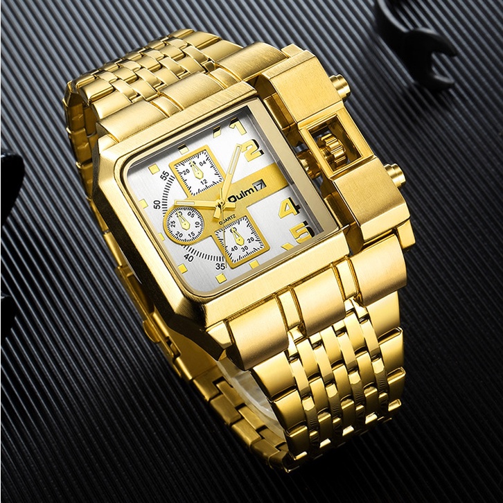 Đồng Hồ Quartz Oulm Mạ Vàng Có Hiển Thị Ngày, Dây Thép Không Gỉ