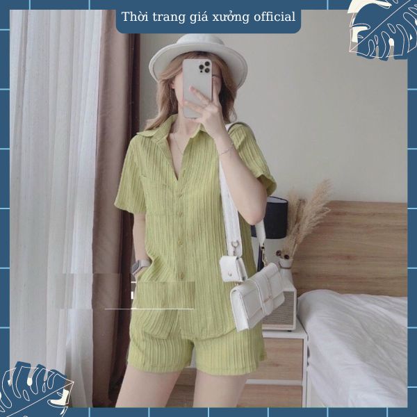 Bộ Đũi Sóng Nhăn Quần Đùi Áo Sơ Mi Buộc Nơ Sau Thời Trang Giá Xưởng Official