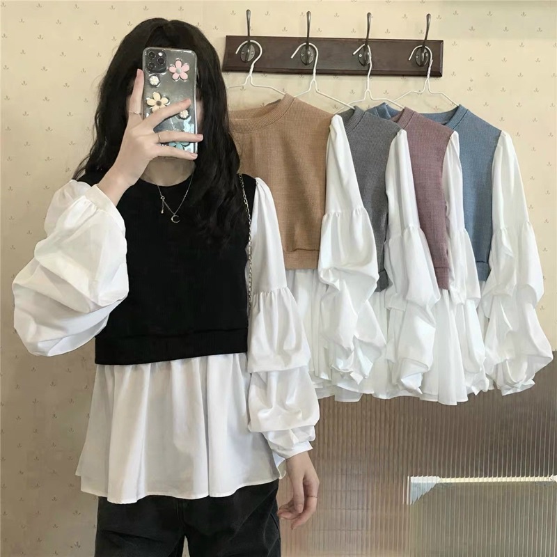 áo sơ mi tay phồng phối màu.