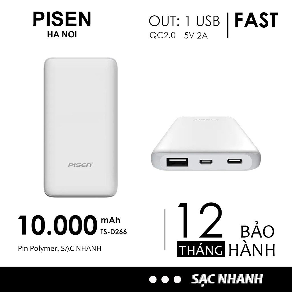 Pin sạc dự phòng nhanh Pisen 10000mAh TS-D266 Chính Hãng Cho iPhone Huawei Samsung Xiaomi Oppo Vivo