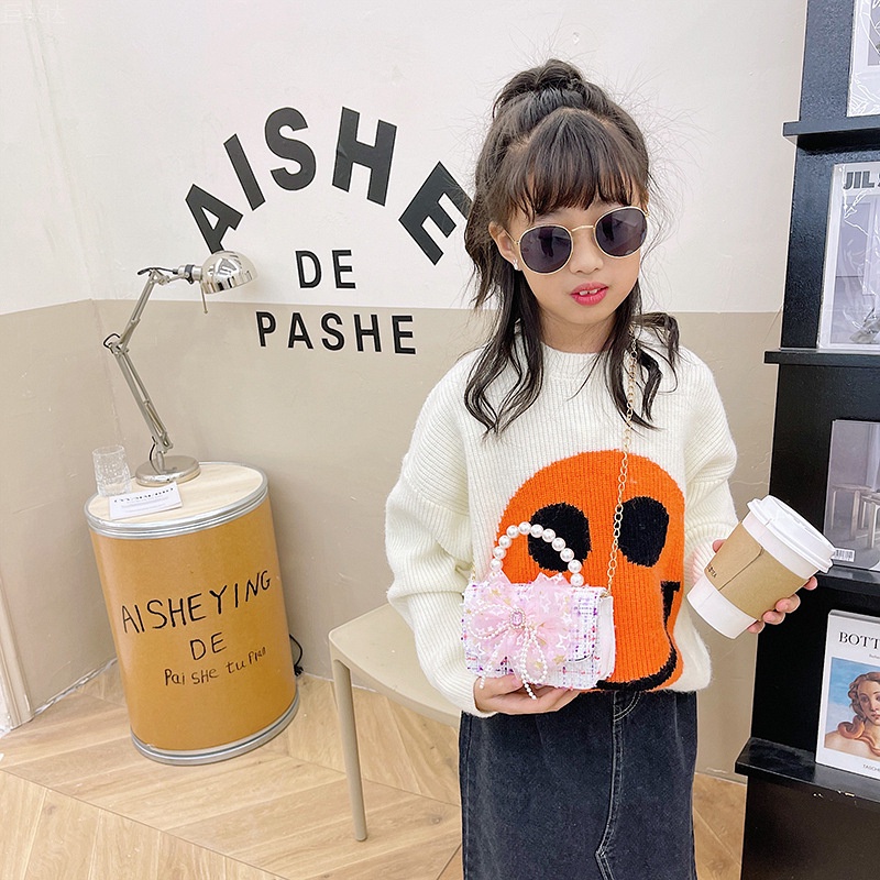 Túi Xách Đeo Chéo Vai Quai Xích Nhỏ Nhắn Đính Nơ Ngọc Trai Phong Cách Phương Tây Hàng Mới Dành Cho Bé Gái