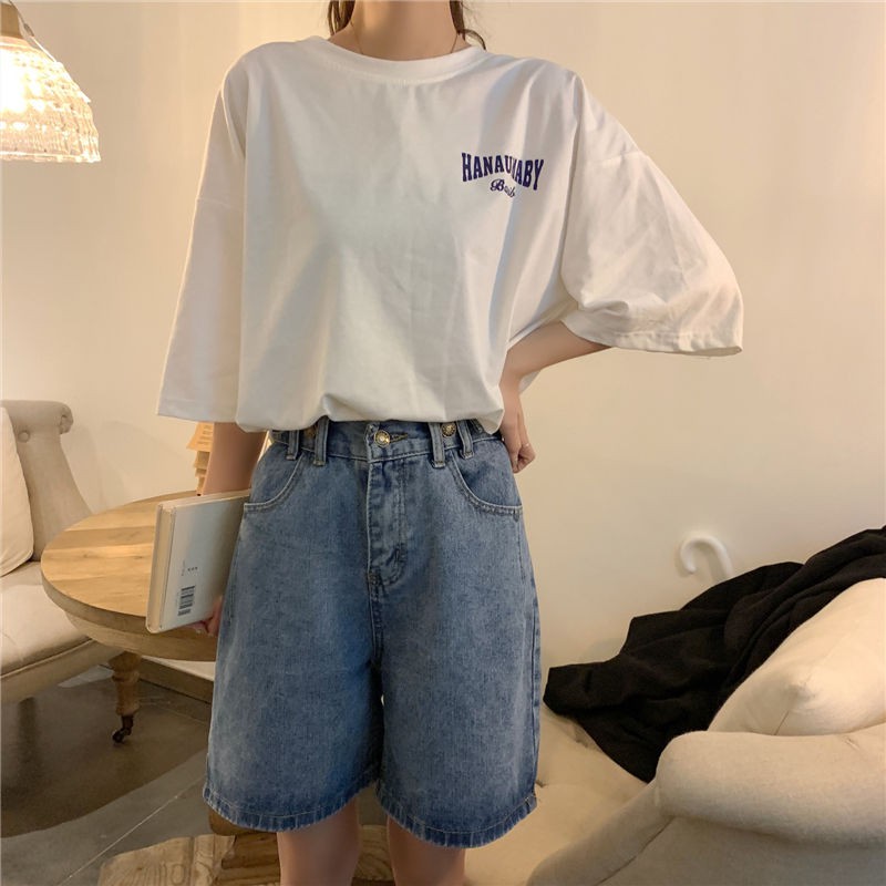 Xiaozhainv Quần đùi denim lưng cao dáng rộng phong cách cổ điển cho nữ | BigBuy360 - bigbuy360.vn