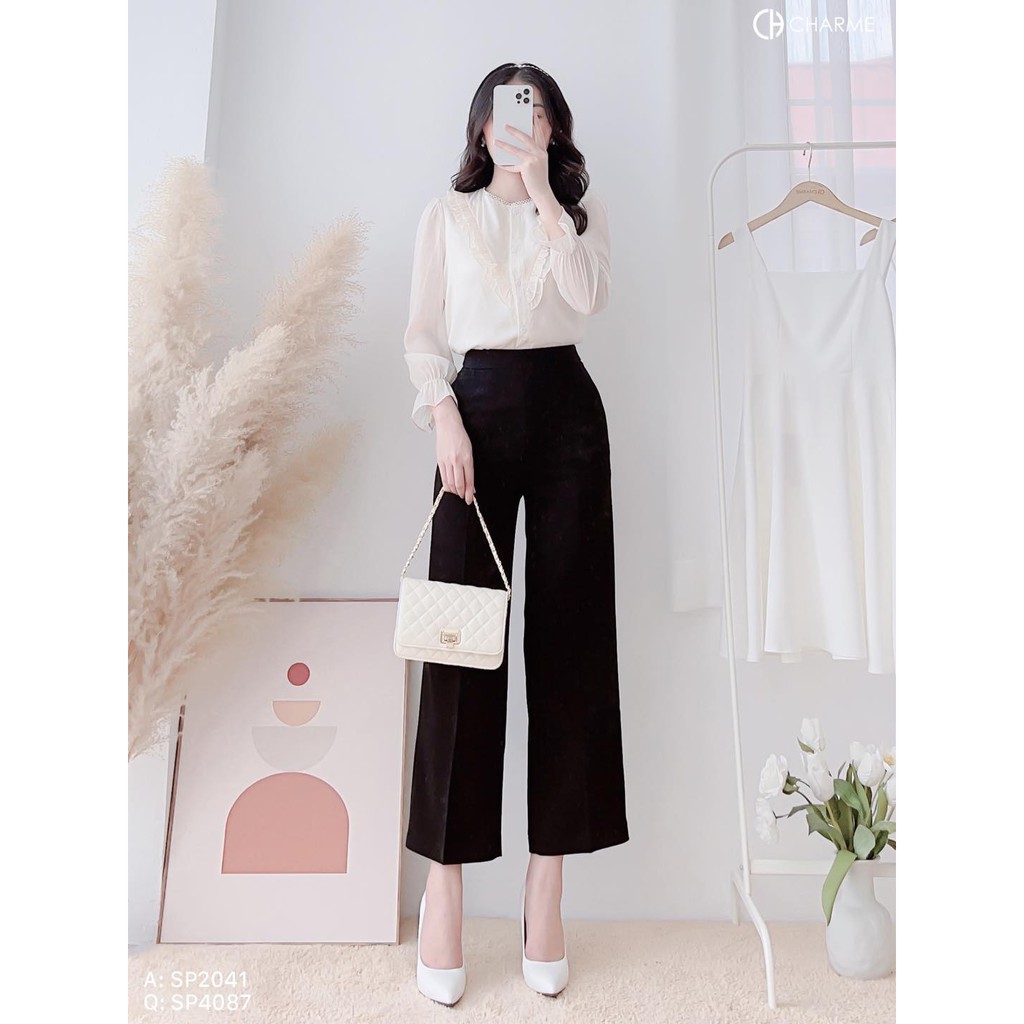 Quần công sở Charme quần suông ống rộng - đen túi chéo 4087