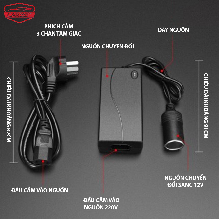 Bộ Adapter chuyển điện điện 220V Sang 12V - Bộ chuyển tẩu sạc xe dùng Cho Máy Bơm, Máy Hút Bụi Ô Tô Xe Hơi