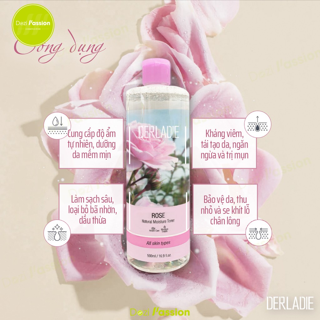 Nước Hoa Hồng Derladie Ngừa Mụn, Thu Nhỏ Lỗ Chân Lông Chiết Xuất Hoa Hồng - Toner Derladie Natural Moisture Toner 500ml