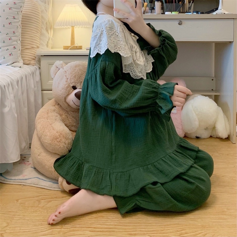 New SET BỘ ĐỒ MẶC NHÀ TIỂU THƯ QUẢNG CHÂU XÔ MUSLIN XANH PHỐI BÈO rẻ nhất shopee