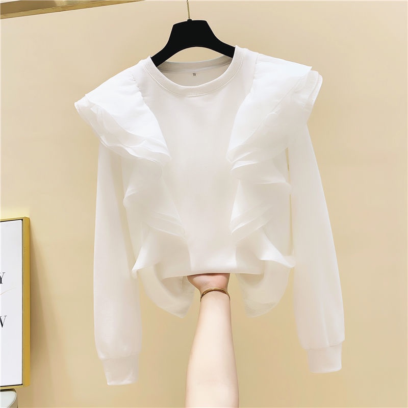 Áo sweater cổ tròn tay dài phối lưới thời trang mùa thu phong cách Hàn Quốc mới dành cho nữ 2021