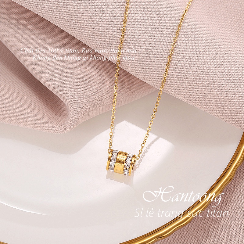Vòng cổ titan nữ không gỉ mạ vàng 18k thiết kế khắc số la mã đính đá thời trang đơn giản