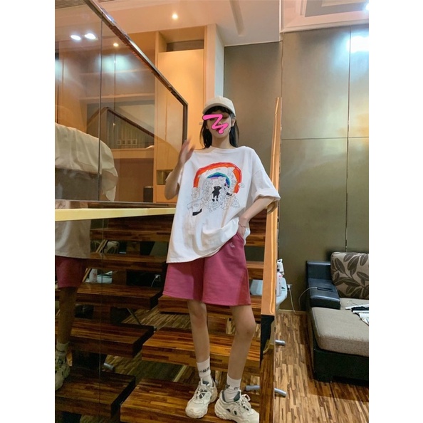Set đồ ulzzang áo pull hoạt hình cầu vồng kèm quần đùi (2 màu Đen, Hồng)