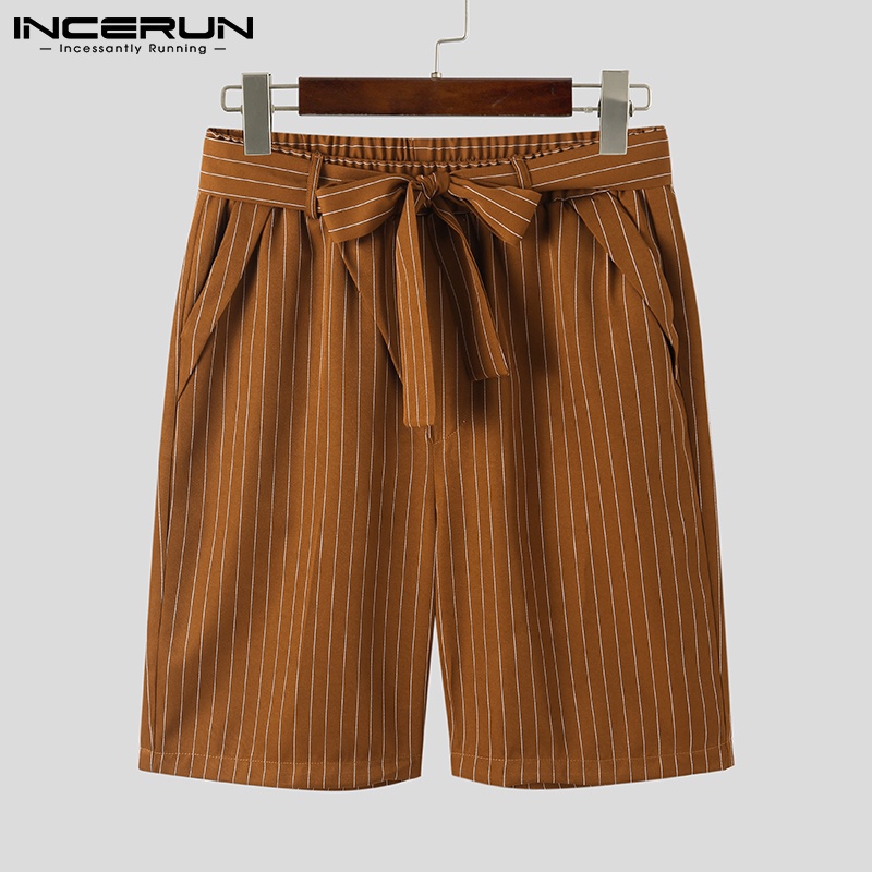Quần INCERUN dáng rộng phối dây đai thiết kế kẻ sọc phong cách Hàn Quốc thời trang cho nam